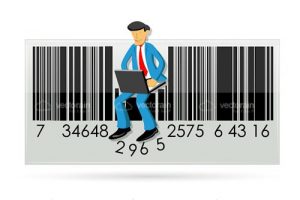 Businessman with laptop in barcode